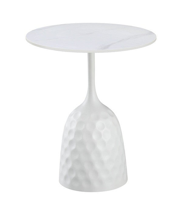 Mesa CAVEZZO, baja, blanca, tapa cerámica mármol blanco, 50 cms de diámetro