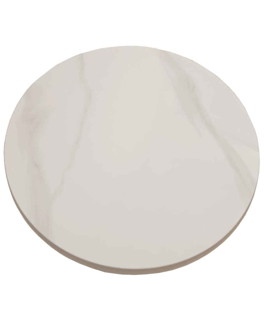Mesa CAVEZZO, baja, blanca, tapa cerámica mármol blanco, 50 cms de diámetro