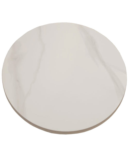 Mesa CAVEZZO, baja, blanca, tapa cerámica mármol blanco, 50 cms de diámetro