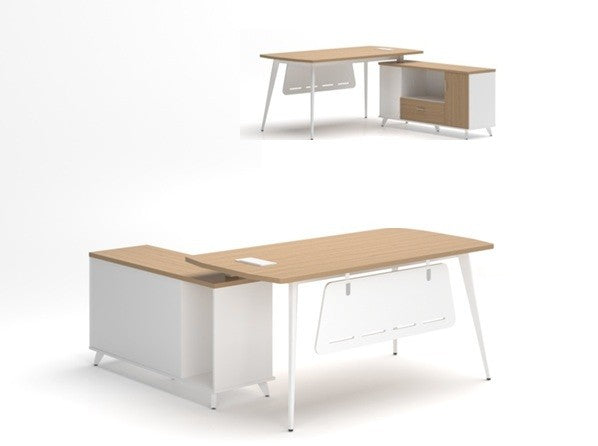 Mesa de oficina AREZZO 160, con mueble auxiliar, blanco y roble, 160 x 174 cms