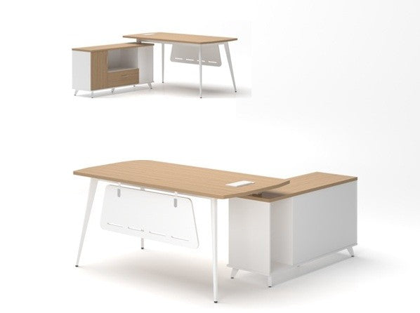 Mesa de oficina AREZZO 160, con mueble auxiliar, blanco y roble, 160 x 174 cms