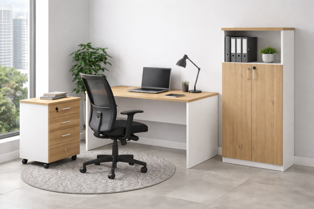 Mesa de oficina VOLPI 120, blanco y roble, 120 x 70 cms