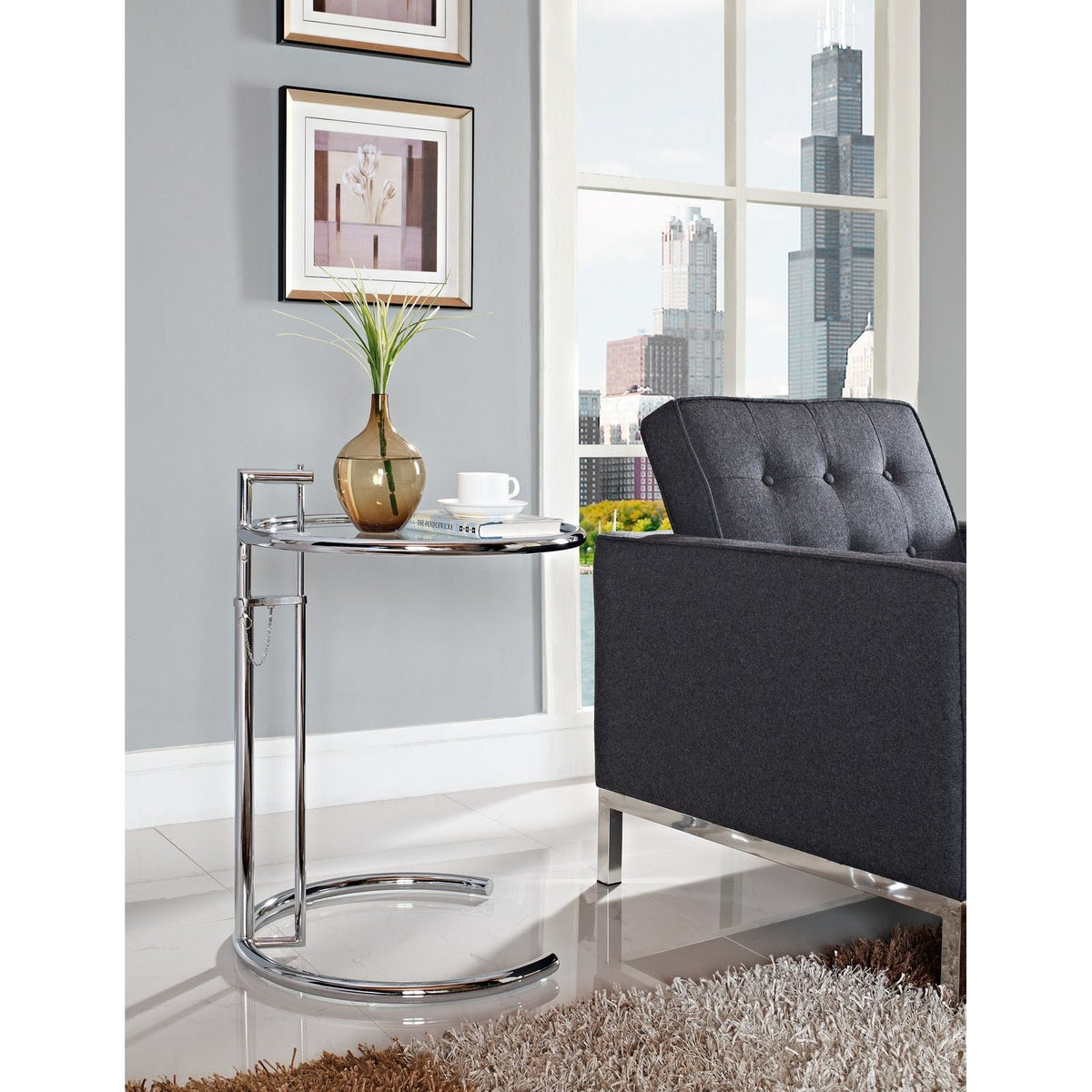 Mesa EG NEW, regulable, acero inoxidable y cristal, 50 cms de diámetro