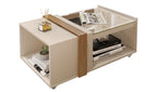Mesa FRANCIA, baja, cristal, MDP blanco roto y miel, 90,5 x 54 cms