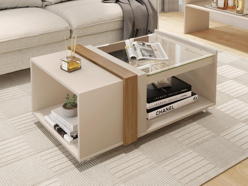 Mesa FRANCIA, baja, cristal, MDP blanco roto y miel, 90,5 x 54 cms