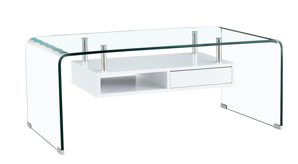 Mesa NEWARK, baja, estante blanco, cristal curvado, 110 x 60 cms
