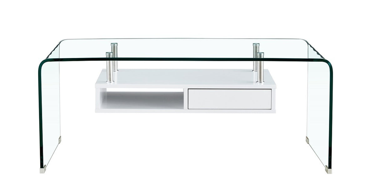Mesa NEWARK, baja, estante blanco, cristal curvado, 110 x 60 cms
