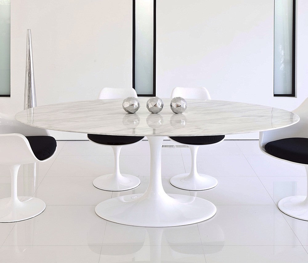 Mesa TUL, oval, fibra de vidrio, mármol blanco 180x108 cms