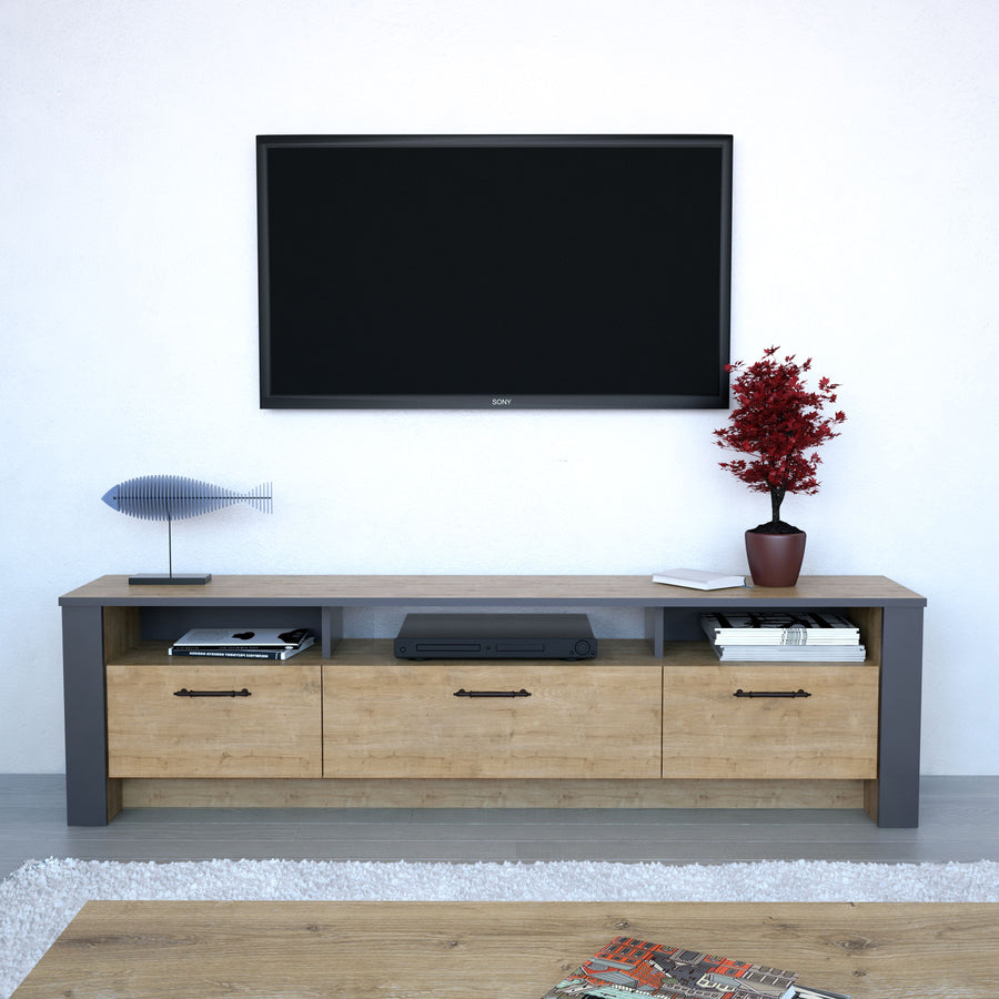 Mueble de TV PHILIPPA, bilaminado roble con gris oscuro, 180 cms.