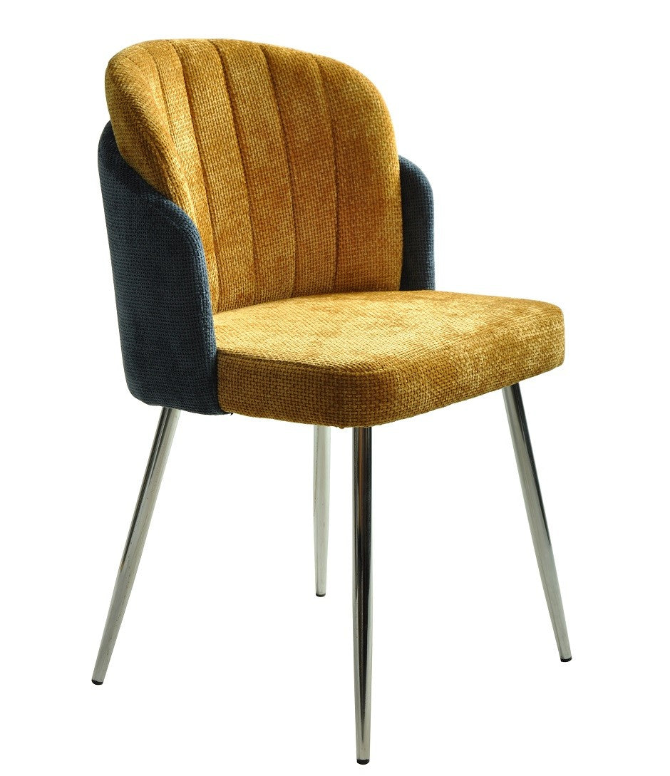 Silla DRESDE, cromada, tapizada chenilla azul y amarillo