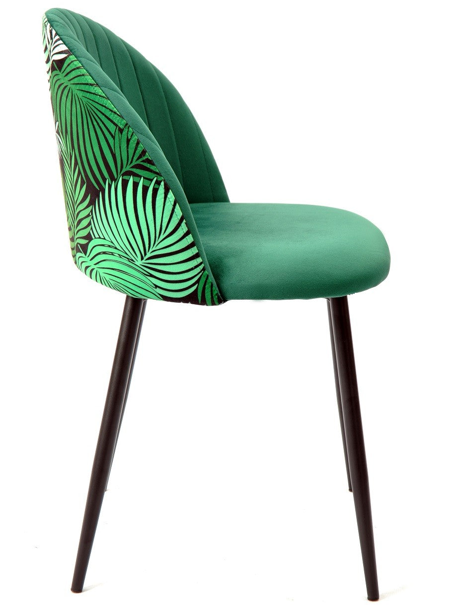 Silla FLORAL, metal, tapizado velvet verde con trasera floral a juego