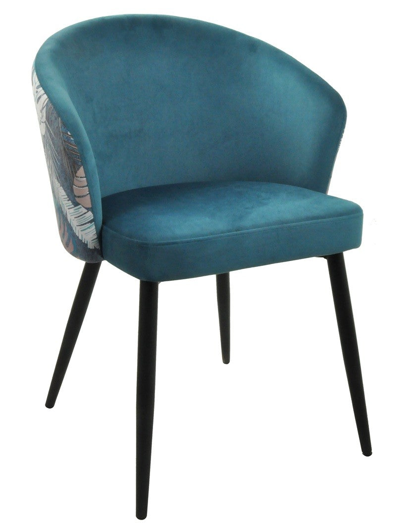Silla LYDIA, metal, tapizado velvet azul con respaldo floral a juego