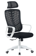 Sillón de oficina MELLAC, alto, blanco, malla y asiento negro