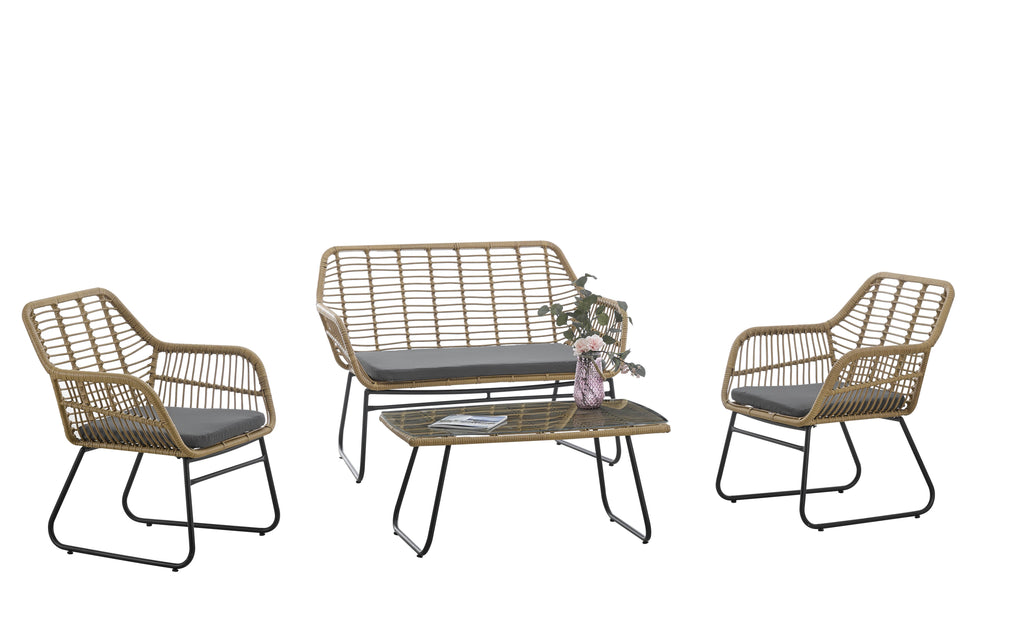 Sofá KROYA, metal, ratán beige, cojín negro