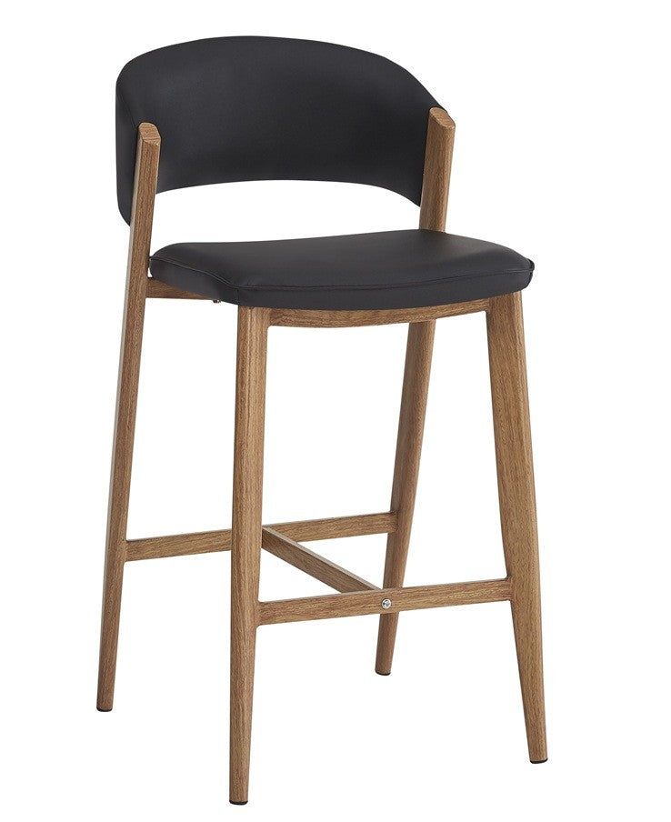 Taburete CALABRIA, metal acabado de color madera, similpiel negra