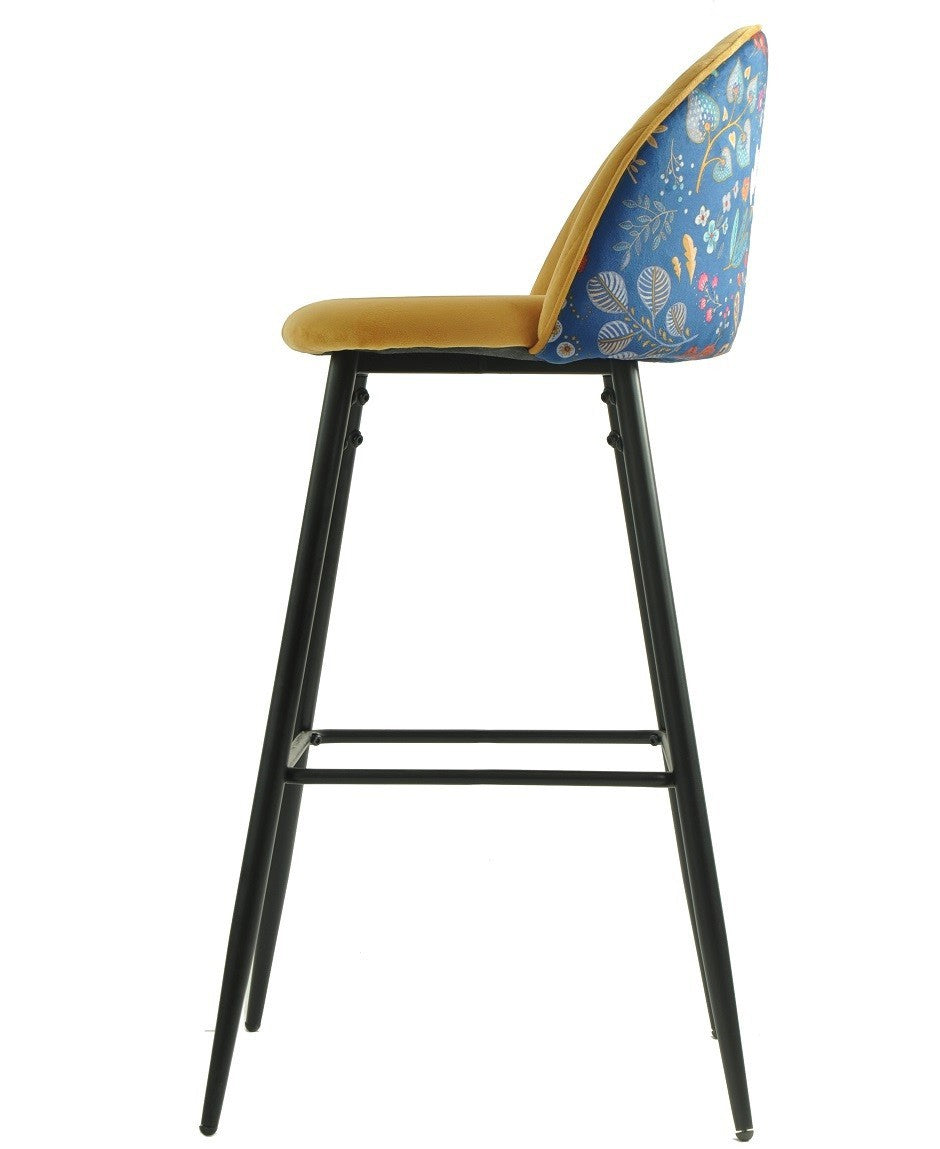 Taburete CARNAVAL YELLOW, metal, tapizado velvet amarillo con trasera carnaval