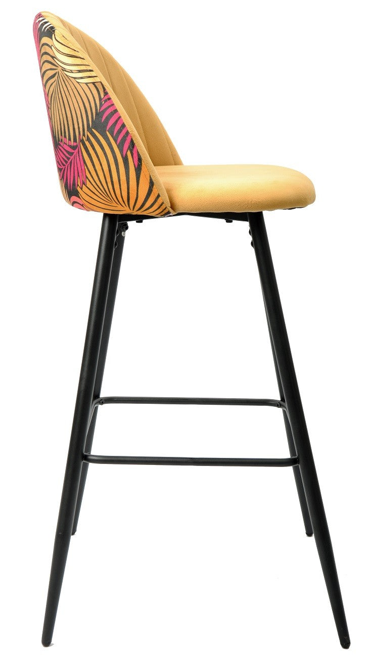 Taburete FLORAL, metal, tapizado velvet amarillo con trasera floral a juego
