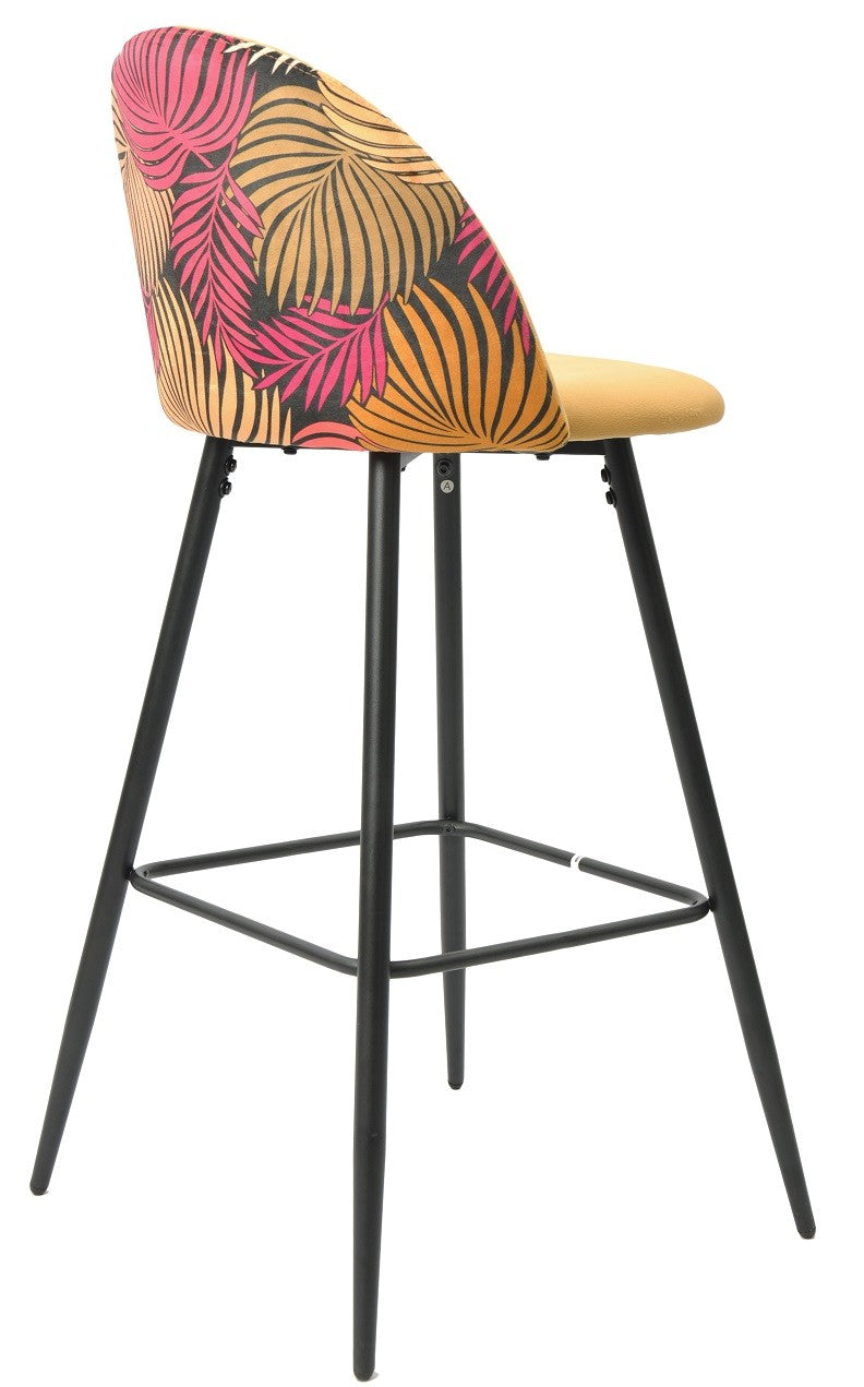 Taburete FLORAL, metal, tapizado velvet amarillo con trasera floral a juego
