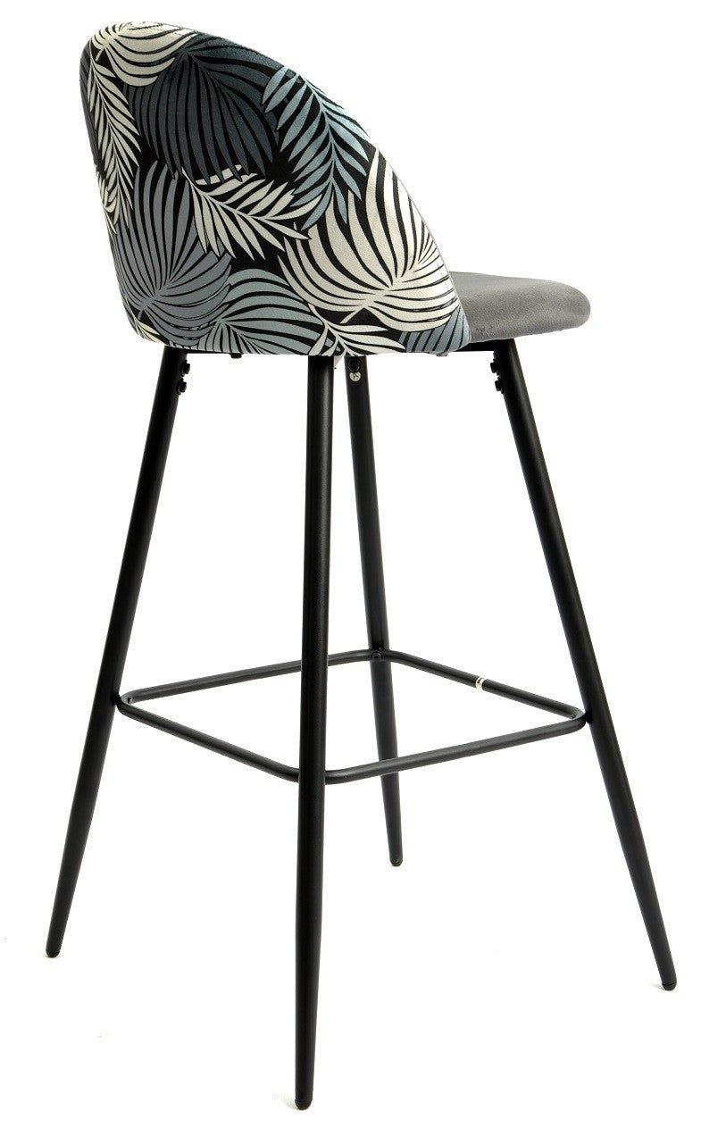 Taburete FLORAL, metal, tapizado velvet gris con trasera floral a juego