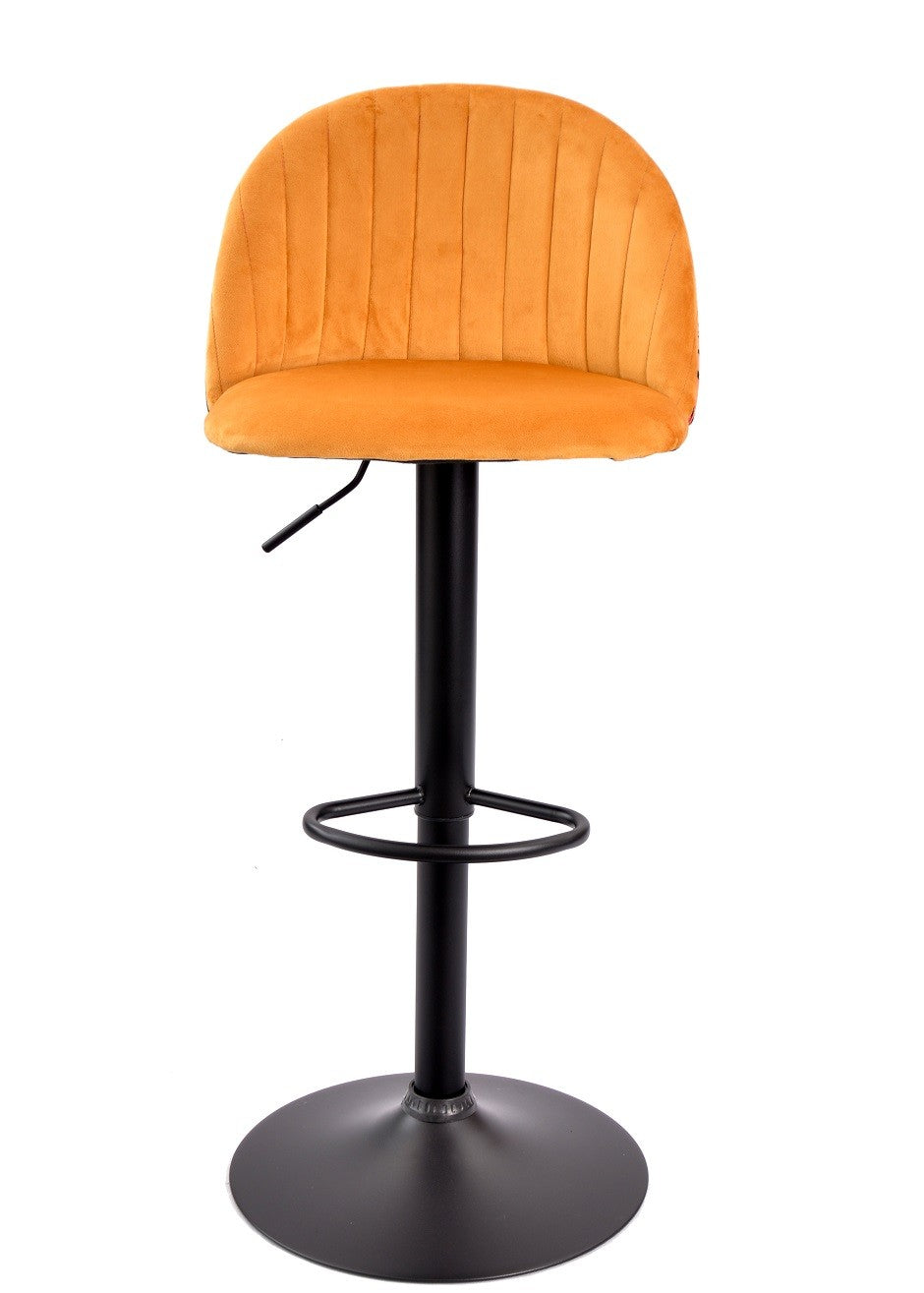 Taburete FLOWER, regulable, metal negro, tapizado velvet amarillo con trasera floral a juego