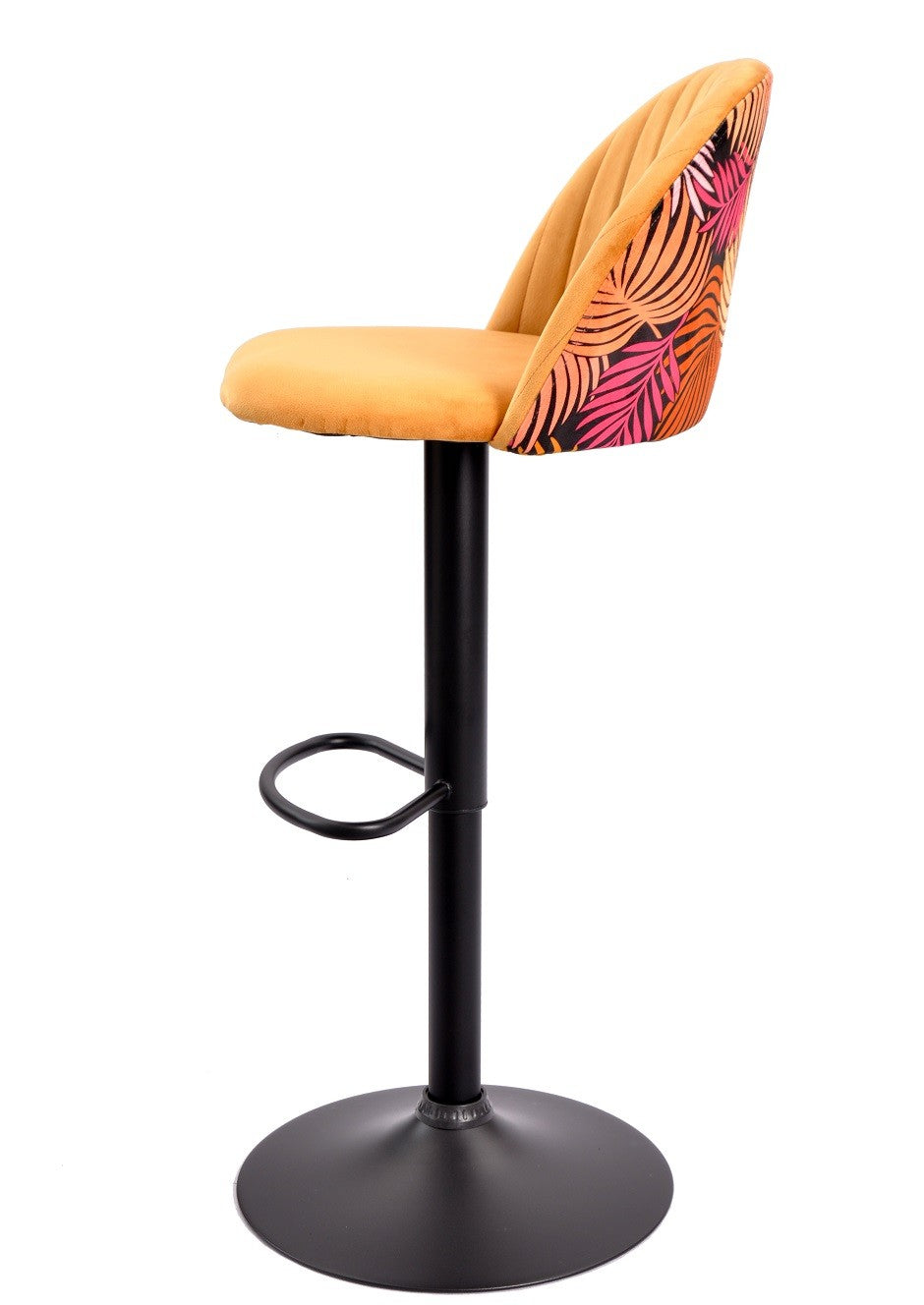Taburete FLOWER, regulable, metal negro, tapizado velvet amarillo con trasera floral a juego