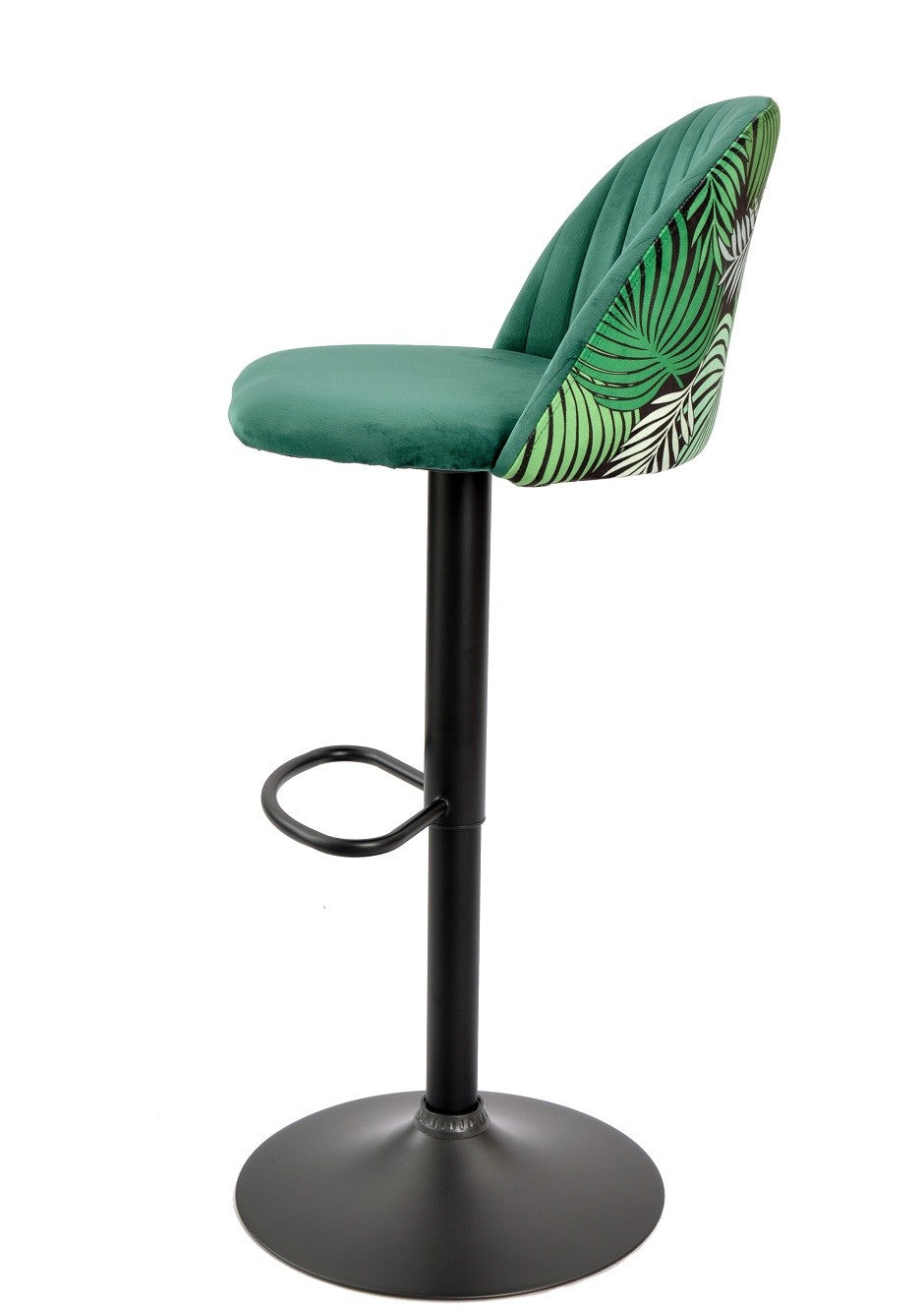 Taburete FLOWER, regulable, metal negro, tapizado velvet verde con trasera floral a juego