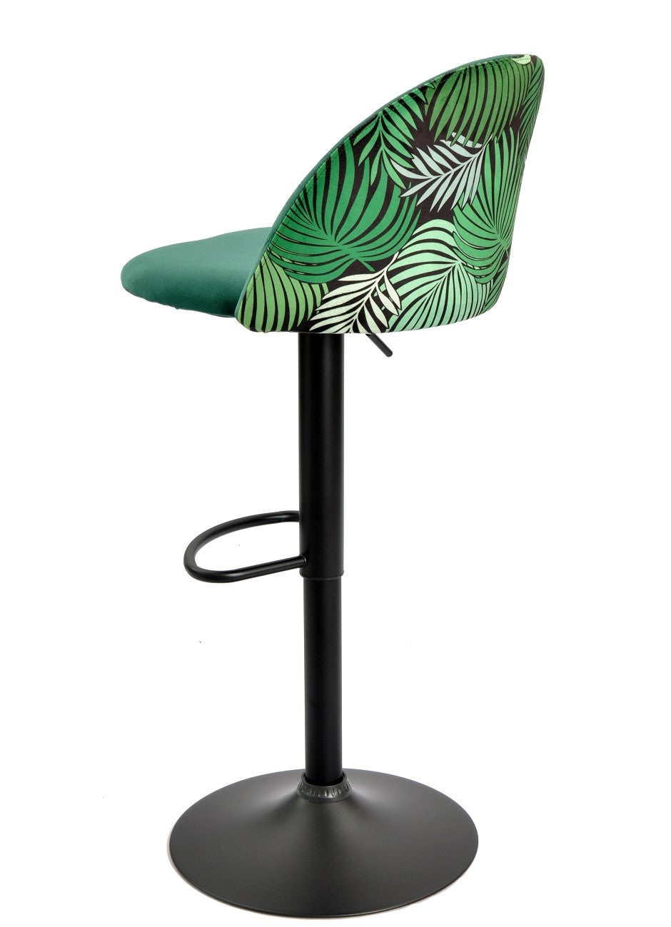 Taburete FLOWER, regulable, metal negro, tapizado velvet verde con trasera floral a juego